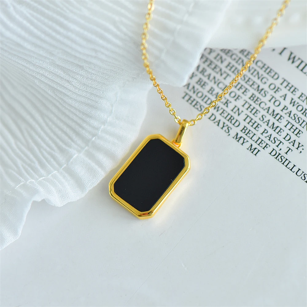 Authentic AU750 Real 18K Gold Black Agate Rectangle Pendant For Woman Yellow Gold Gift Stylish Present Fine Jewelry