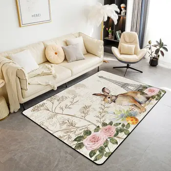 Bunny Living Room Rugs Rose Floral Easter Egg Rabbit Carpet Non Slip,Cartoon Pet Animals Indoor Floor Mat for Bedroom Kitchen