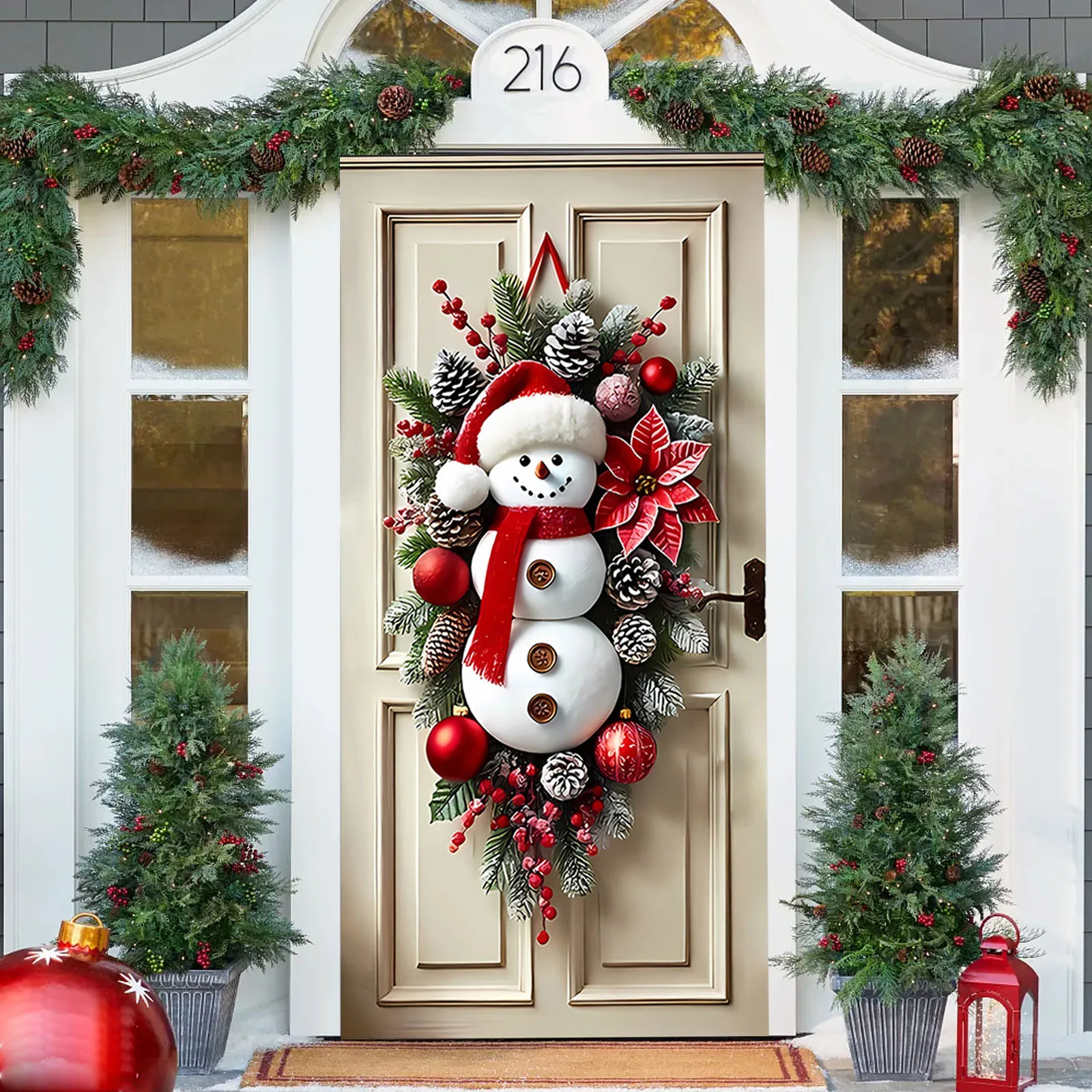 Snowman Door Hanging with Scarf Winter Snowman Xmas Wreath for Front Porch Indoor Outdoor Holiday Decor