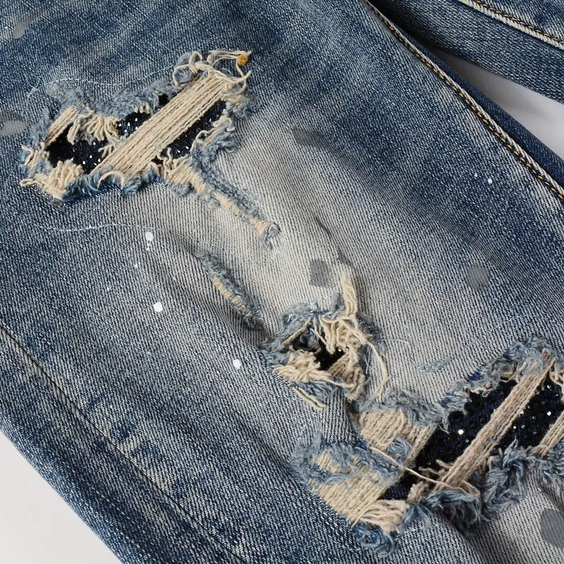 Latest Street Fashion Men's Jeans Retro Blue Elastic Slim Fit Perforated Jeans Designer Elastic Hip Hop Brand Painted Pants
