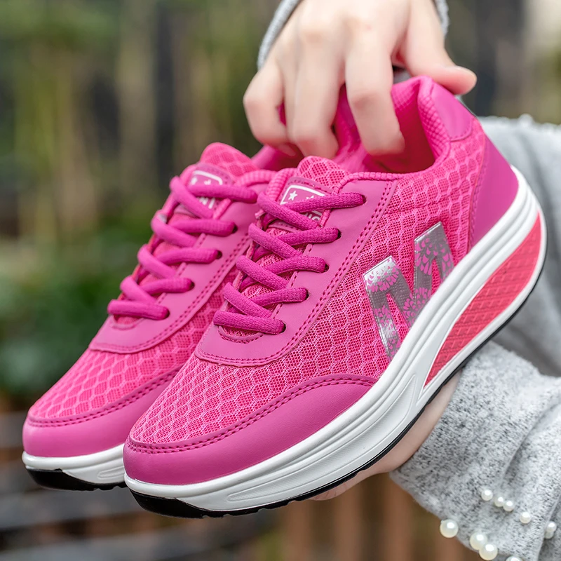 Brand Women Sports Shoes Increase Height 5 Cm Ladies Toning Shoes Wedge Sneakers Breathable Rocking Platform Shake
