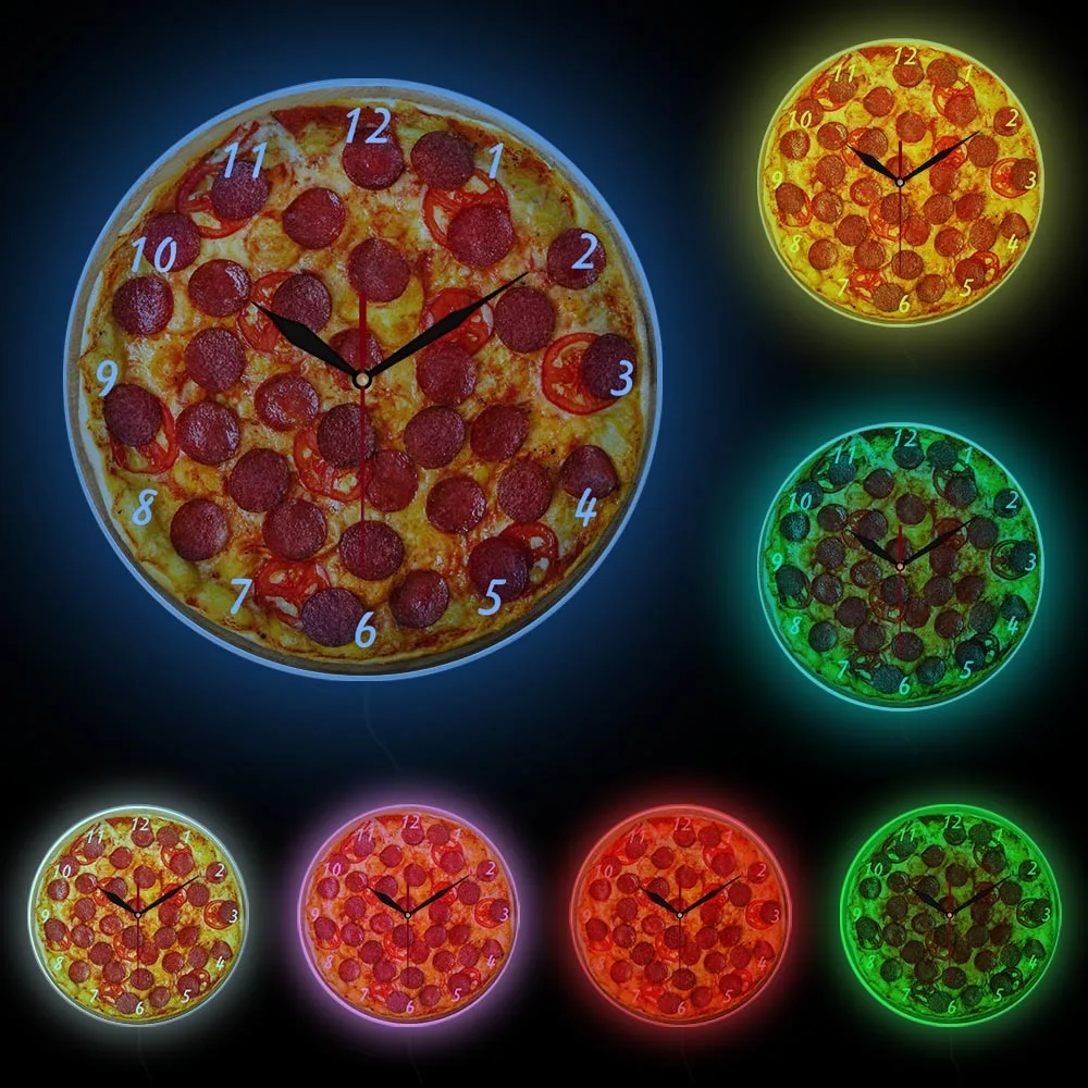 Pepperoni Pizza italien LED veilleuse, horloge murale, décor de