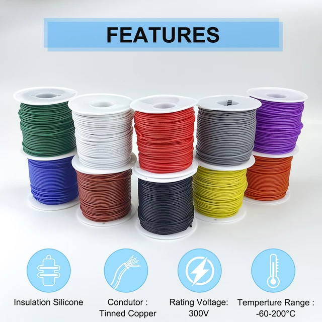 30 AWG Silicone Wire Spool - 6 Colors (10ft Each) Tinned Copper Hookup Wire For Electronics