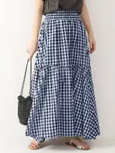 

Celmia Casual Pleated Party Skirt Women Ruffled Plaid Skirt 2022 Summer Fashion Elastic High Waist Long Maxi Skirts Oversized
