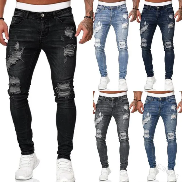 Men Jeans Knee Hole Ripped Stretch Skinny Denim Pants Solid Color Black Blue Autumn Summer Hip-Hop Style Slim Fit Trousers S-4XL 2