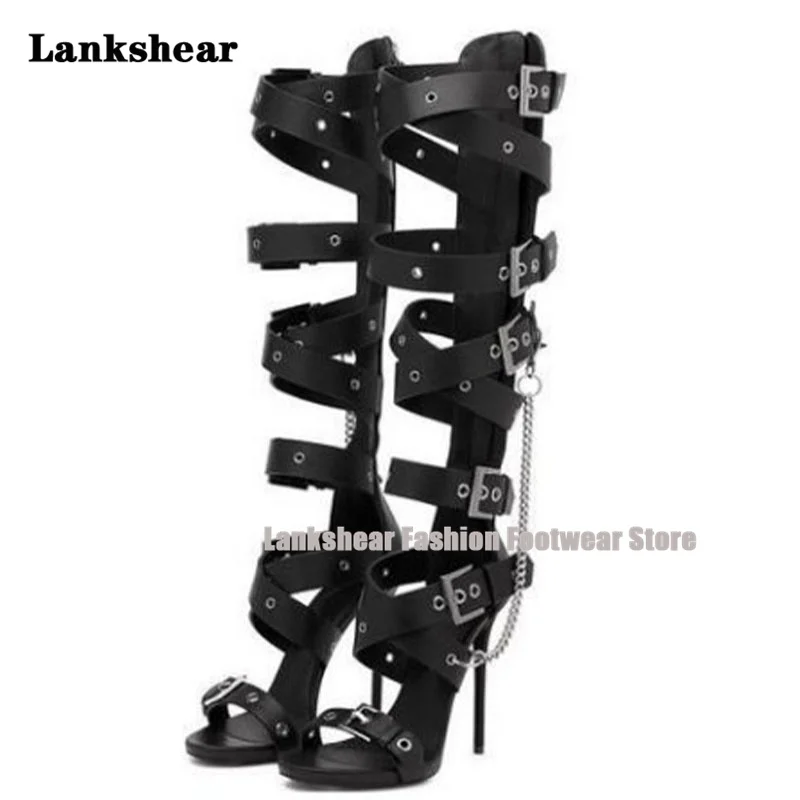 

Black Leather Silver Chain Sandals with Rivets and More Straps Sexy Fashion Roman Sandals Summer Cool High Heel Sandals