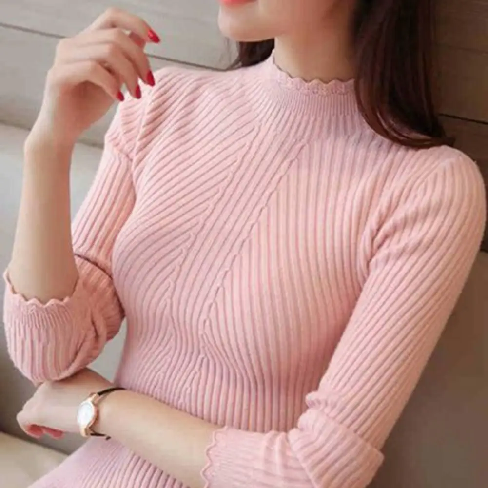 

Women Mock Neck Ruffles Sweater Long Sleeve Knitted Bottoming Solid Pullovers Stripe Casual Sweater For Women 2023 Autumn Winter