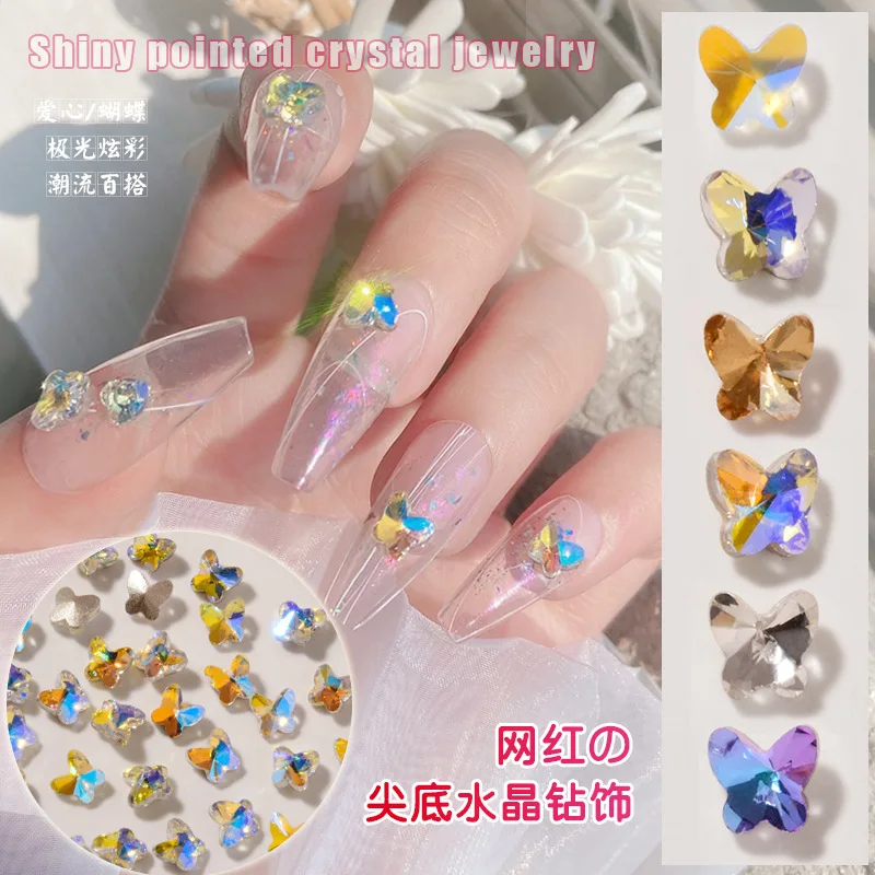 

10Pcs Glitter Butterfly Rhinestones Art Jewelry Nail Charm 3D Heart-Shaped Flower Zircon Shiny DIY Nail Enhancement Accessories