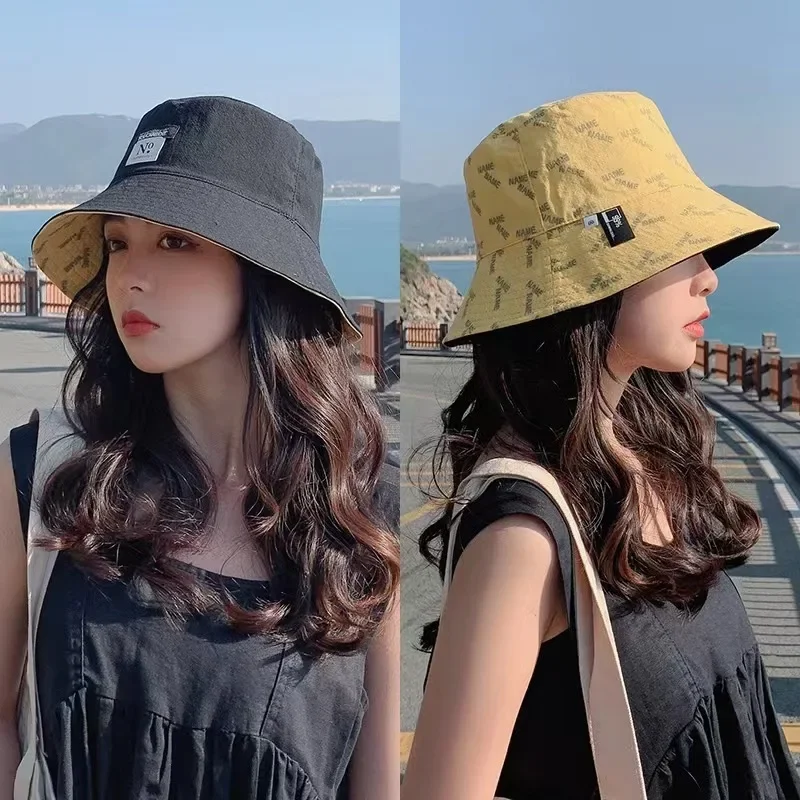 Women Bucket Hat Double-sided Wear Korean Fashion Letter Print Fisherman Hat For Girl Summer Outdoor Beach