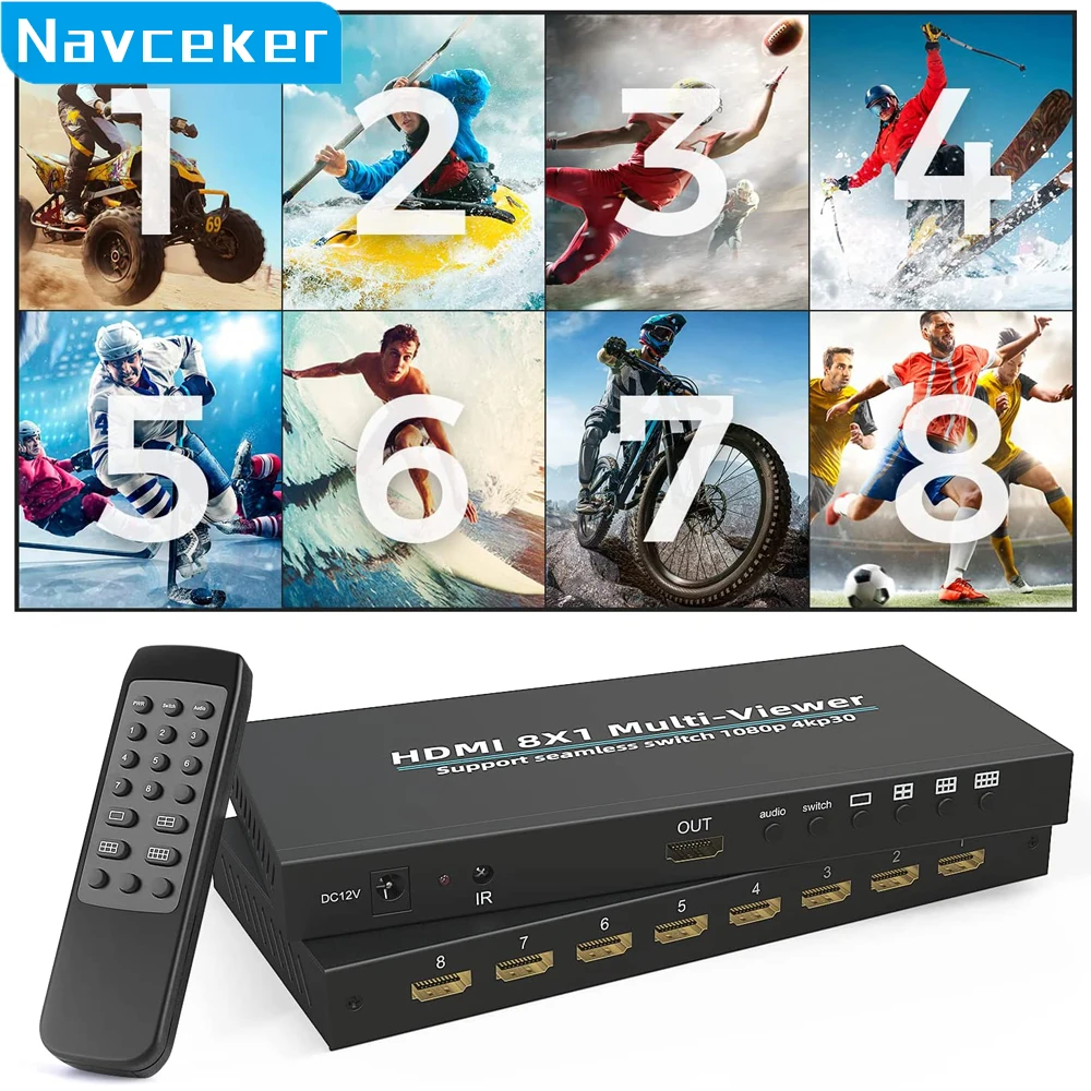 Navceker-HDMI 호환 멀티 뷰어, 4K, 4 인 8, 인 1, 아웃 1080P, 쿼드 스크린 멀티 뷰어, HDMI 멀티 뷰어, 심리스 스위치 (IR 포함)