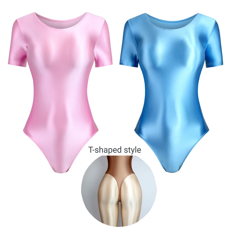 

sexy women silky glossy one-piece japanese swimsuit oily tights Shiny Thongs high fork short sleeve bodysuit Men bathing suits