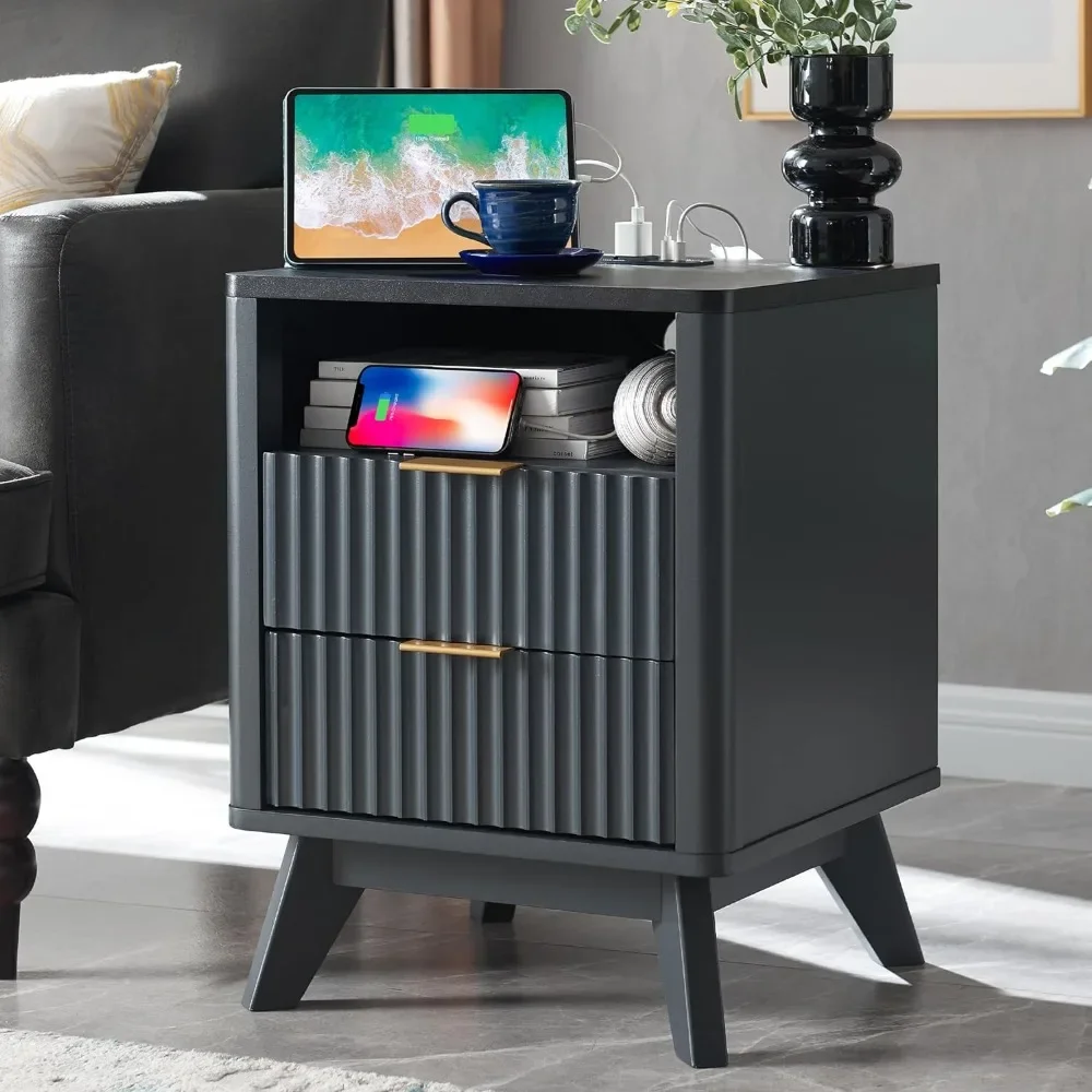 

T4TREAM Fluted Nightstand with Charging Station, 18" Modern Side Table with Faux Marble Top, 2 Drawers End Table w/Storage,