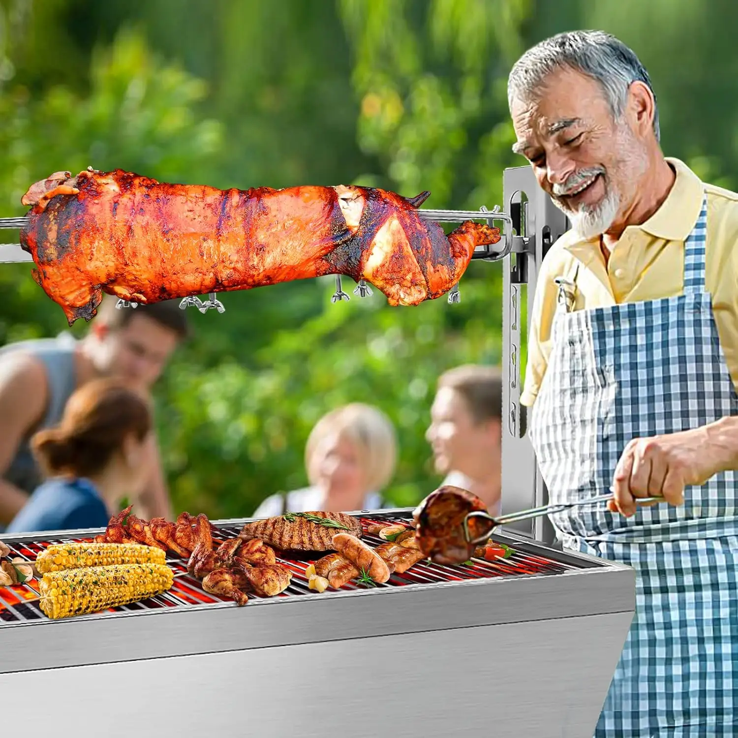 Steel Rotisserie Grill, 25W Motor Small Pig Lamb Rotisserie Roaster, 37'' 2 in 1 BBQ Charcoal Rotisserie Grill for Camping Outdo 2