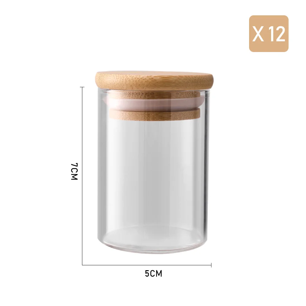 12Pcs Glass Spice Jar Set with Bamboo Lids Kitchen Storage Bottle: 3 - 5 Days Free Delivery Only UK