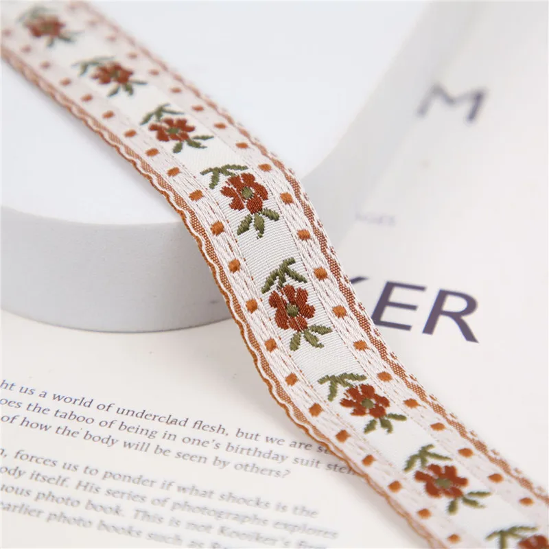 Embroidery Ribbon 25MM 1inch 5Yards Or 50Yards Warm-Toned Flowers Pastoral Style Embroidered Jacquard Ribbon Trim embroidery ribbon