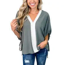 

Women Draw String Bat Sleeve Tops Patchwork Sexy V Neck Pullover Loose Casual Blouse Vintage Three Quarter Ladies Female Tops