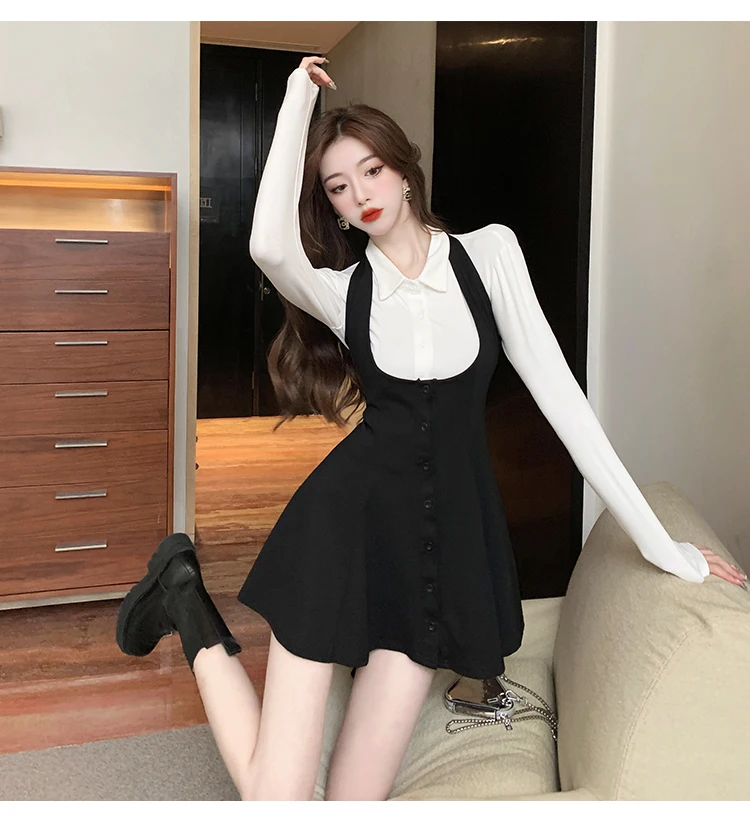 Autumn New Two-piece Skirt Sets Women Long Sleeve White Blouse High Waist Halter Mini Dress Korean Fashion Y2K Harajuku Outfits