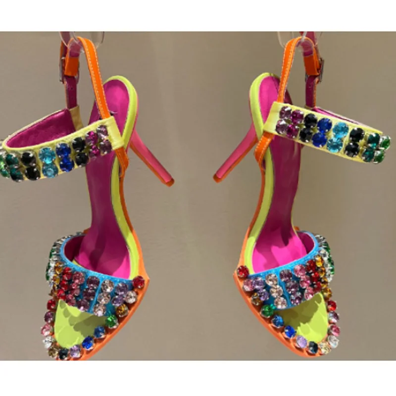 

Luxury Rainbow Colorful Rhinestone Ankle Strap Sandals Crystal Studs Sole Peep Toe Mixed Color Leather Patchwork Party Shoes