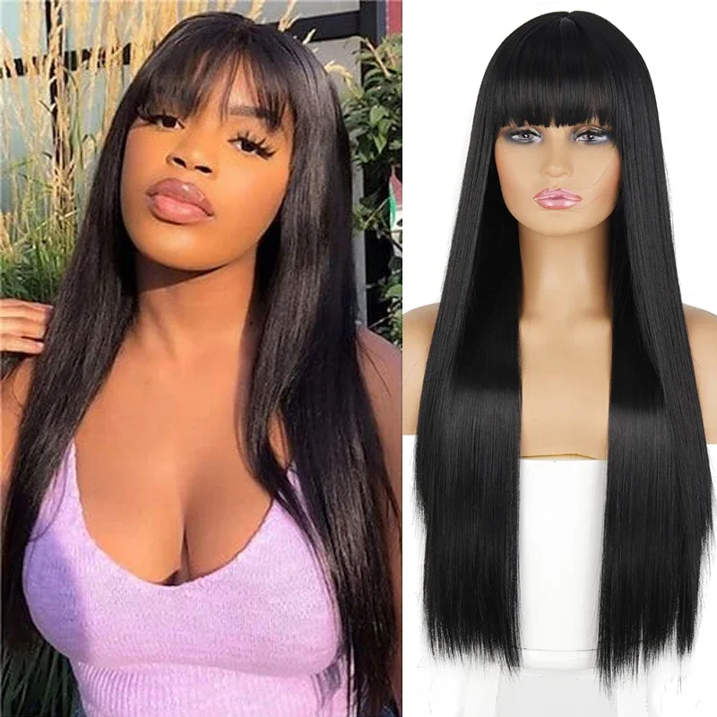 

Long Straight Wig with Bangs Natural Synthetic Black Hair Wig for Women Daily Party Cosplay Wigs Heat Resistant Fiber Hair