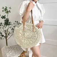Summer Round Straw Women Vacation Woven Beach Shoulder Bag Large Capacity Hollow Out Simple Tote Bag - Image 2