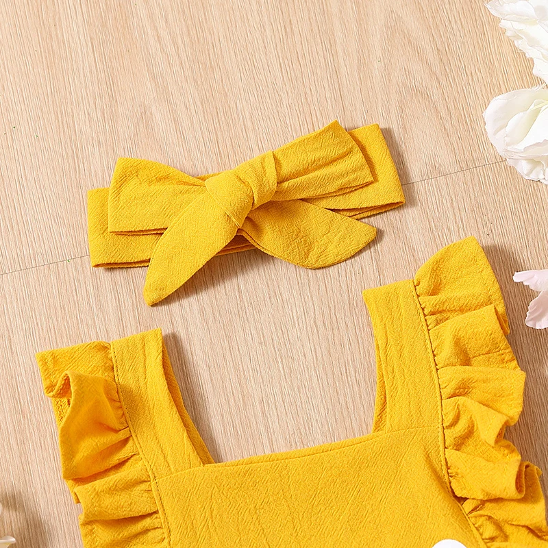 

Toddler Baby Girl Jumpsuit Set Summer Letter Sun Print Ruffle Flying Sleeves Suspender Rompers and Headband