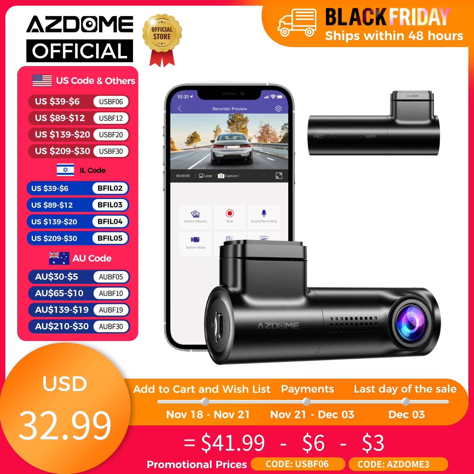 AZDOME M300 Dash Cam 1296P Car DVR Super Capacitor WiFi Dashcams Hidden Car Camera Night Vision G-Sensor 24H Parking Monitor