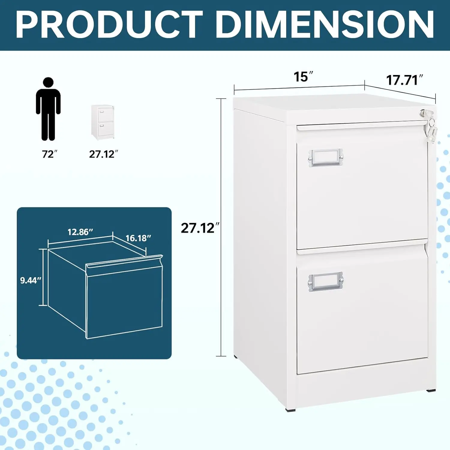 White 2 Drawer File Cabinet, Vertical Filing Cabinet with Lock, Home Office Storage Cabinet for Letter Legal A4 File Size