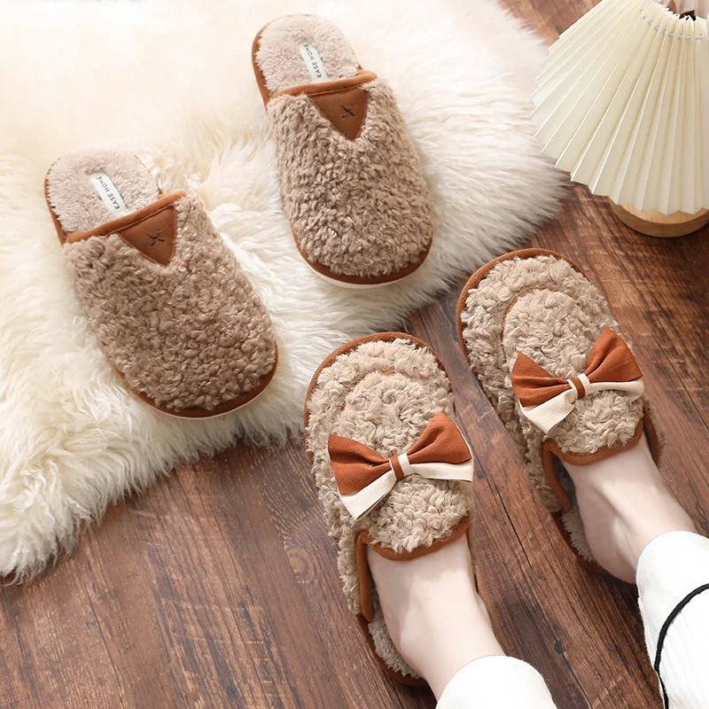 Cotton Slippers Women's Bow Household Warm Non-slip Couples Slippers House  Warm Women Fashion Casual Shoes
