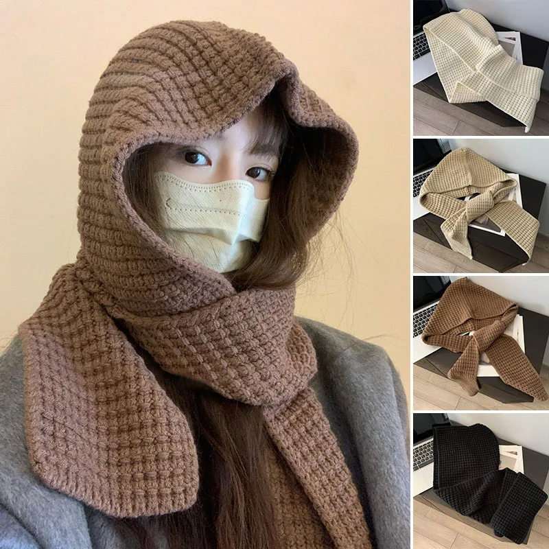 Winter Hat Wool Hat Knitted Earflap Hat Knit Beanie Hat Korean Women Balaclava Scarf Earmuffs Cap Thicken Neck Ear Protector