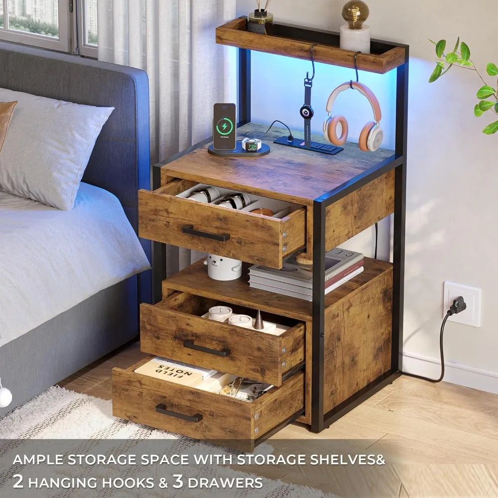 Nightstands Set of 2 , 3 Drawers Night Stands with Charging Station, Rustic Brown Bedside Tables with Storage Shelves, 4