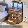 Nightstands Set of 2 , 3 Drawers Night Stands with Charging Station, Rustic Brown Bedside Tables with Storage Shelves, 4