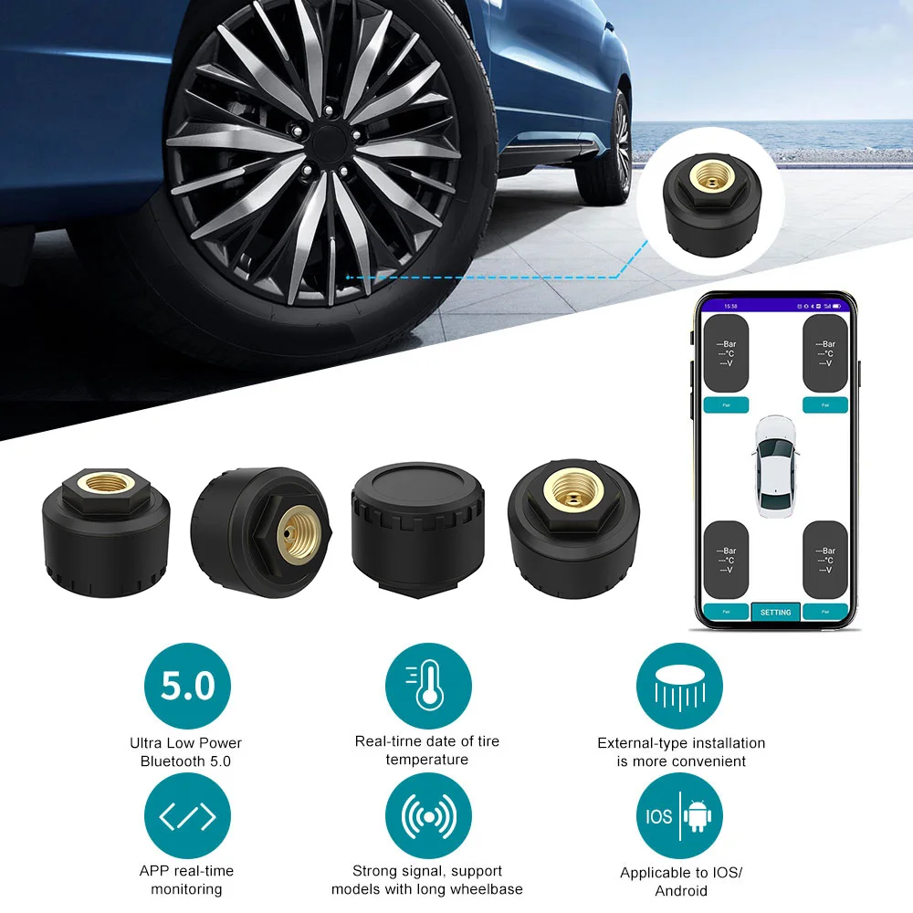 

Bluetooth 5.0 Motor TPMS Car Tire Pressure Monitor System With 2/3/4 Sensors For IOS Android Mobile Phone APP Monitoring Alarm