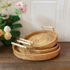 Rattan Handmade Real Rattan Fruit Storage Basket With Wooden Handle Round Wicker Basket Fruit Cake Platter Dinner Serving Tray 1