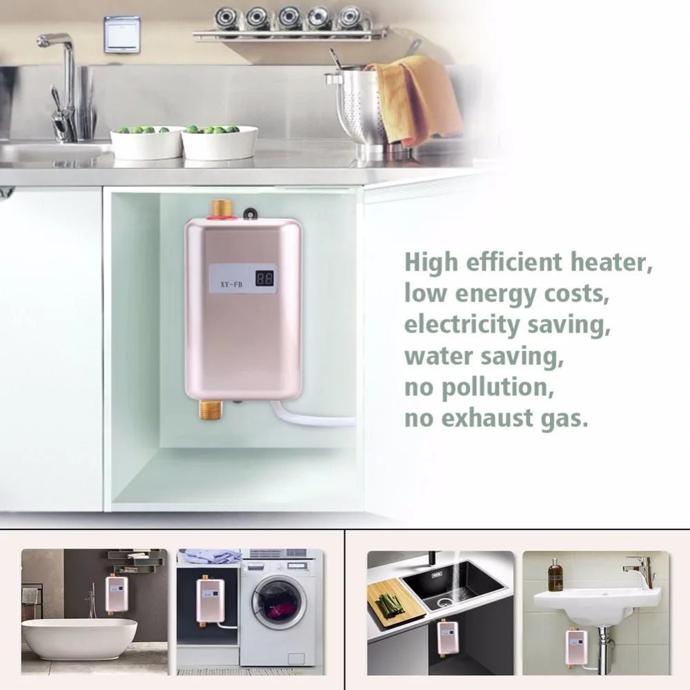 3400W elektrisk tankløs varmtvannsbereder gjennomstrømningsvarmtvannsbereder elektrisk varmtvannsbereder dusjvask baderomstilbehør_voghion.com