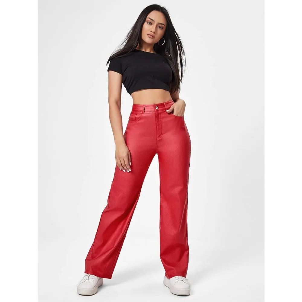 Invisible Open Crotch Outdoor Sex Women High Waist Pocket Straight Leg Boyfriend Jeans Leather Faux Leather Leggings PU Trousers