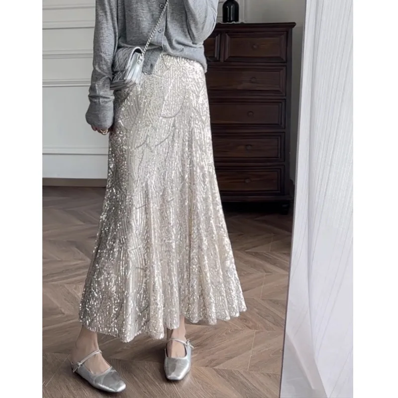 

Summer Solid Color Sequin Women's Slim Fit Elastic High Waisted Slimming A-line Mid Length Wrapped Hip Fishtail Skirt