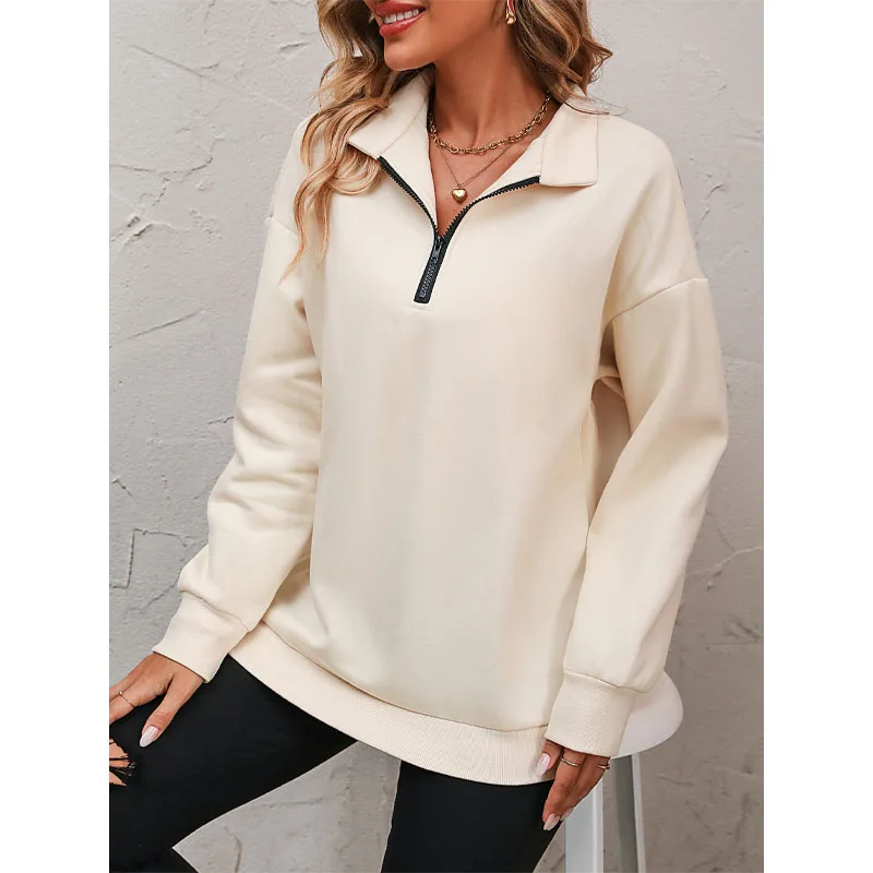 2023 New Autumn and Winter Casual Simple Polo Neck Half Zip Long Sleeve Temperament Commuter Women's Sweatshirt Brushed Sweater