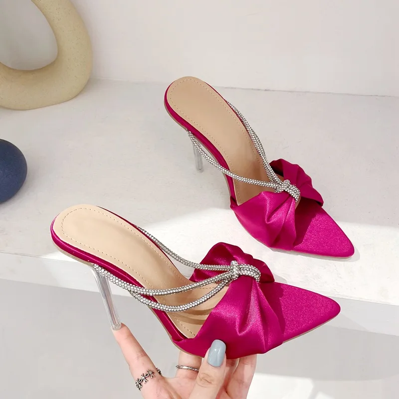TSTCTB Satin Crystal Women Slippers Party Sexy Fashion Pointed Toe Transparent Perspex Stiletto High Heels Summer Party Shoes