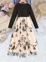 Une robe décontractée et à la mode à manches longues avec un motif papillon et un patchwork en tulle pour le printemps et l'automne 2