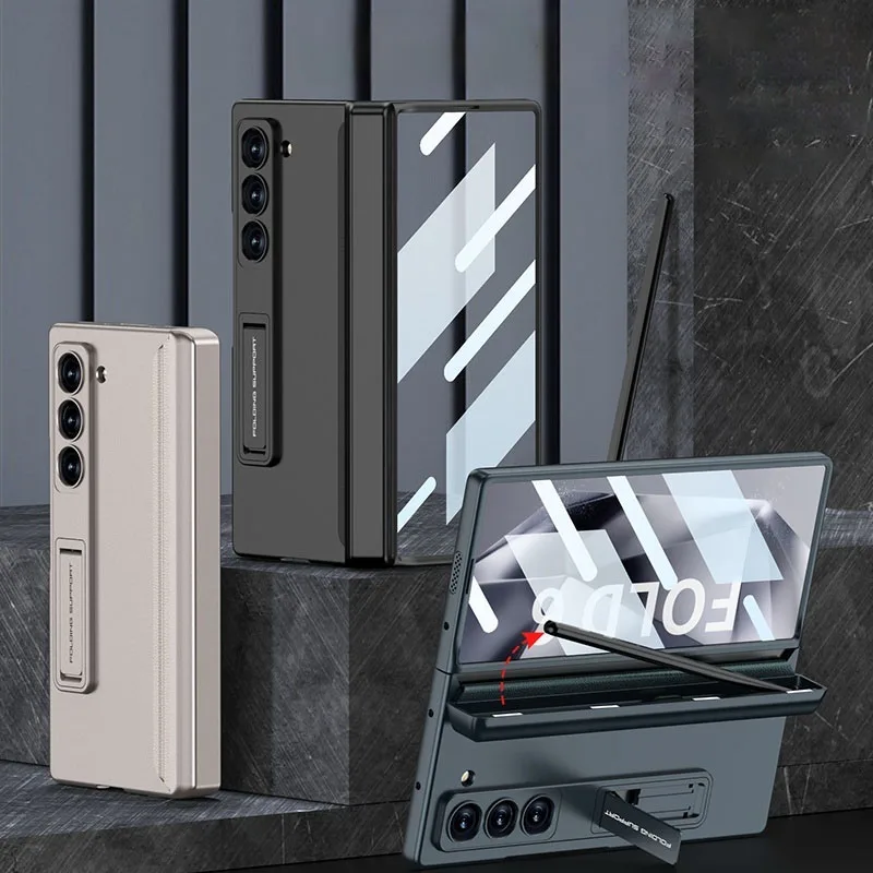 Coque arrière rigide en polycarbonate givré pour Samsung Galaxy Z Fold 6 5 4 3 avec boîte à stylo magnétique et support de téléphone, film d'écran en verre_voghion.com