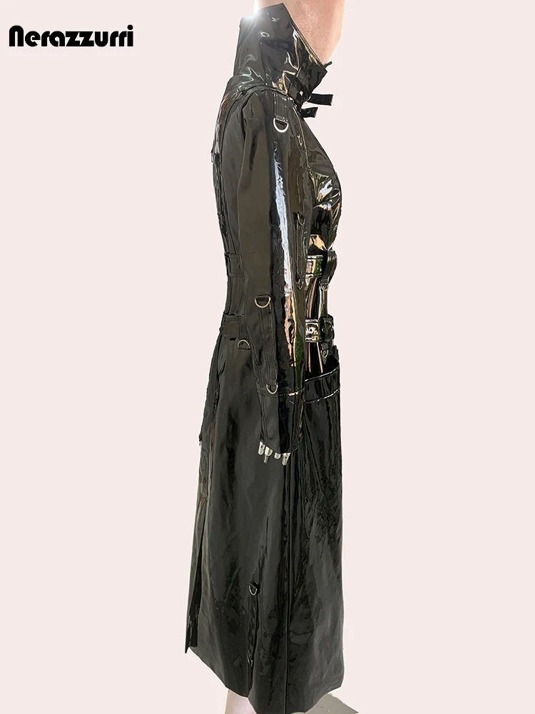 Nerazzurri Autumn Long Cool Black Shiny Reflective Patent Pu