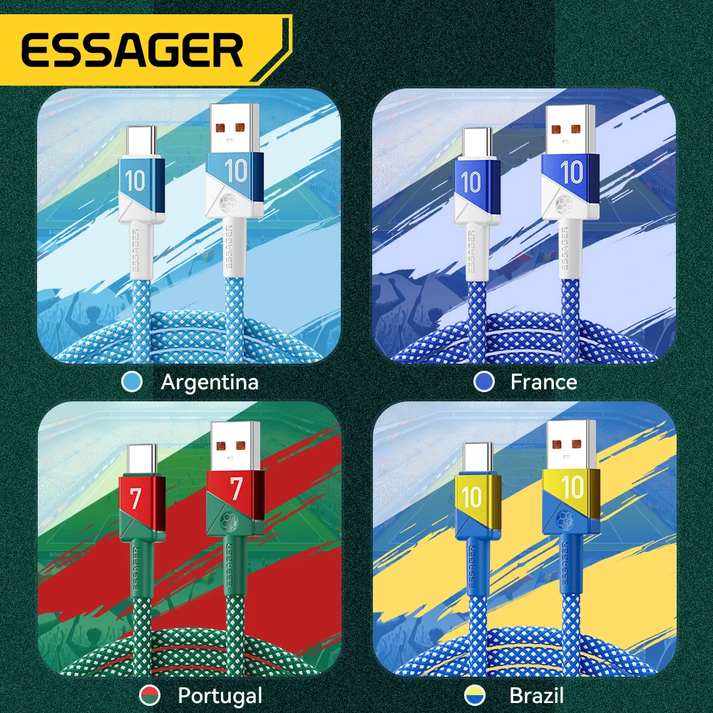 ESSAGER 100W 7A USB Type C Cable For Huawei 88W Super Fast Charging Wire Football Team Colors Cord For Xiaomi 15 Samsung Oneplus