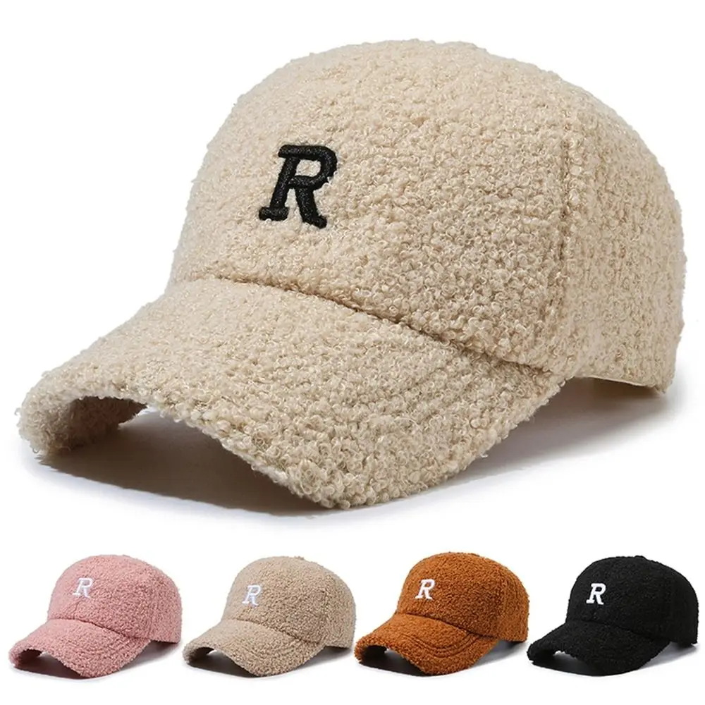 

Embroidery R Plush Baseball Cap Retro Korean Style Letter Letter Baseball Cap Peaked Cap Lamb Fleece Outdoor