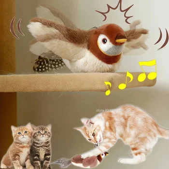 Interactive Cat Toys Rechargeable Electric Flapping Wings Bird Cat Toy Sound Chirping Bird Catnip Touch Activated Plush Toy 1