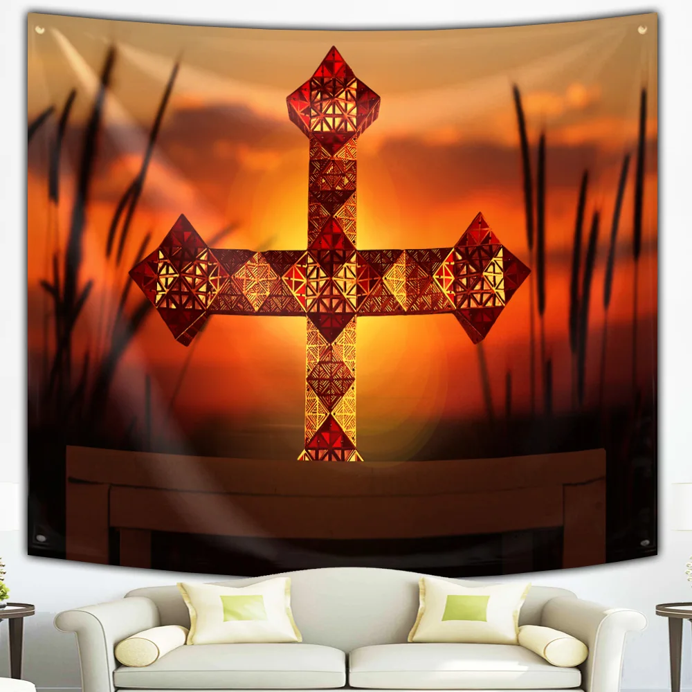 

Jesus Christ Cross Sunrise Tapestry Pray Easter Crucifixion Religious Belief Tapestries Bedroom Living Room Decor Wall Hangings