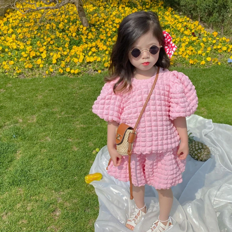 

2022 Summer Girl Clothing Set Sweet Pink Suit Blossom Powder Bubble Skirt + Princess Blouse Girl Two-piece Set