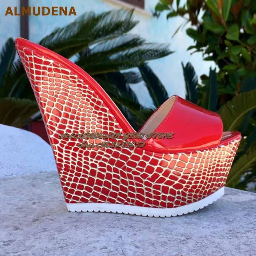 

ALMUDENA Red White Black Snakeskin Wedged Heels Modern Slippers High Platform Slip-On Sandals Open Toe Patchwork Dress Shoes