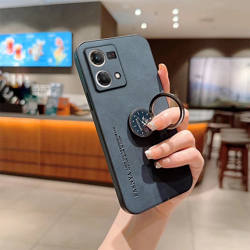 Reno7 Luxury Sheep Skin Leather Ring Holder Phone Case On For Oppo Reno 7 6 5 Lite 8 9 10 11 Pro Plus 4g 5g Back Cover Reno11