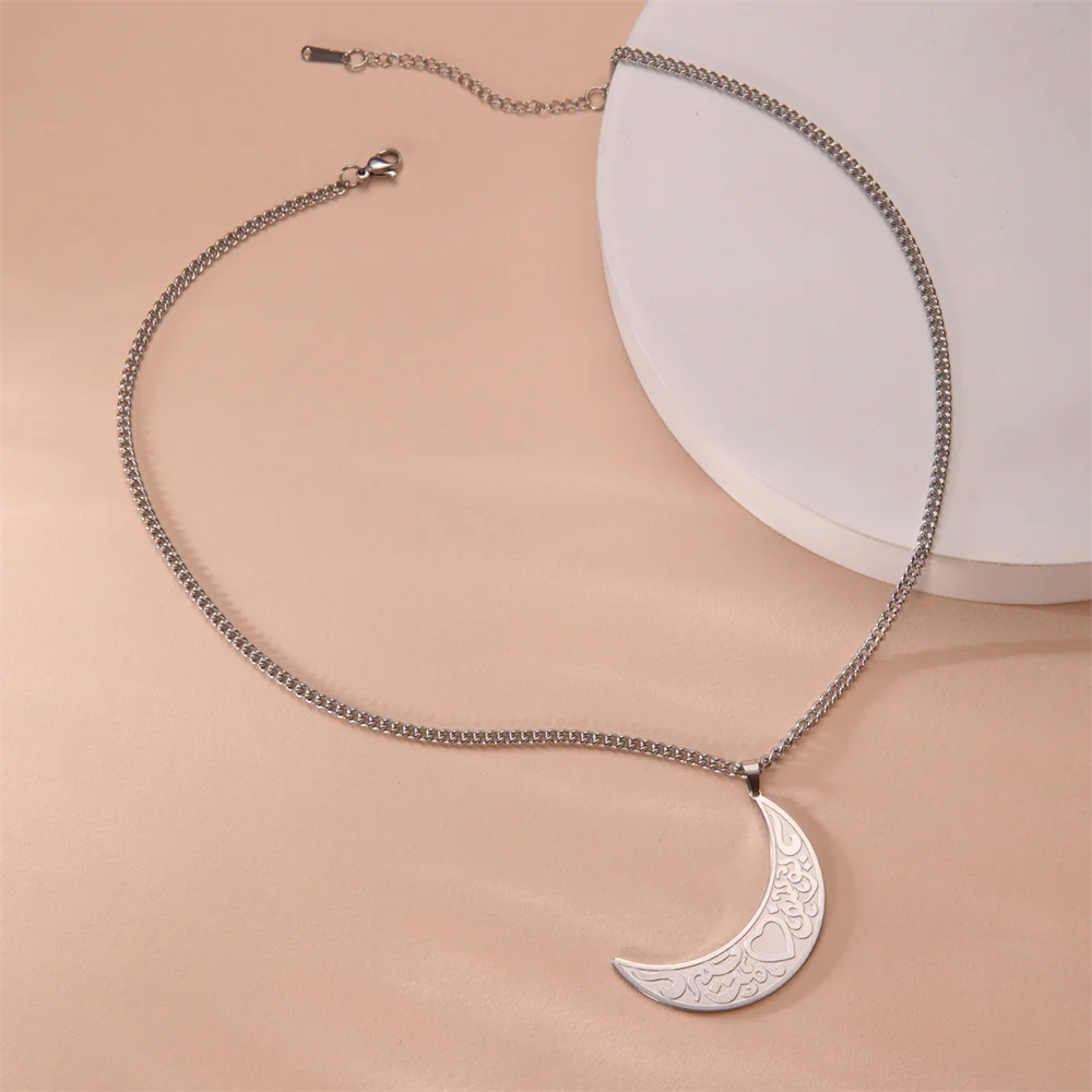 Collana con ciondolo a forma di runa della luna crescente del Corano in arabo islamico Eueavan, in acciaio inossidabile, con collane musulmane Allah, gioielli religiosi_voghion.com