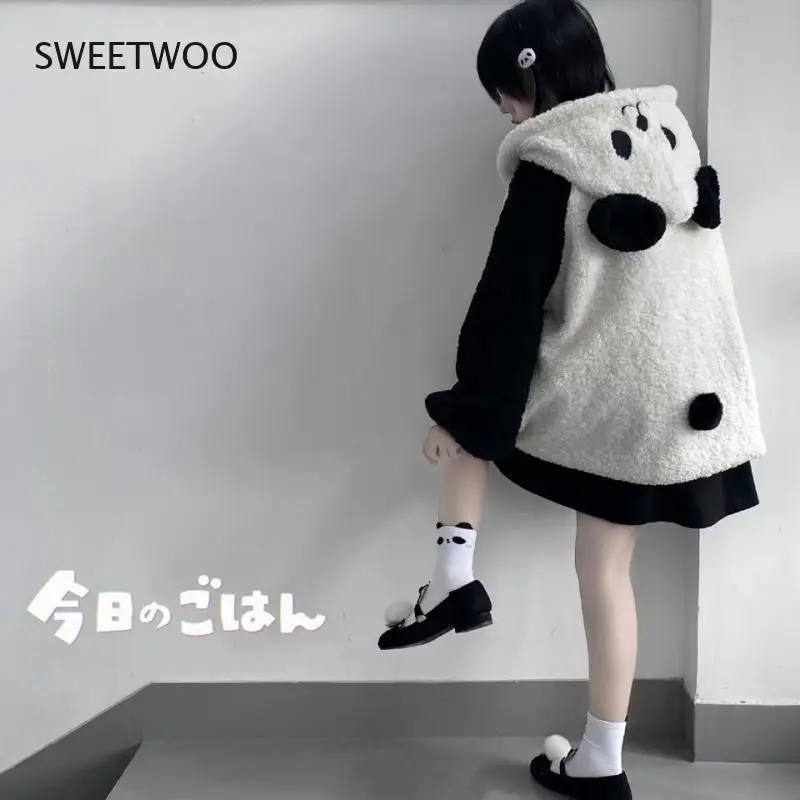 Autumn Winter Kawaii Hoodies Women Japanese Soft Girl Lambswool Cute Panda Ear Oversized Hoodie Preppy Style Button Coat